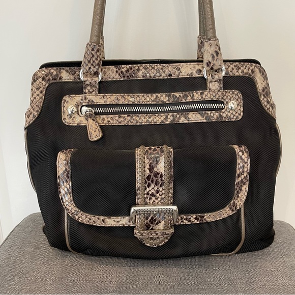 BRIGHTON Python Trimmed Nylon Canvas Shoulder Bag - Black/Brown - Picture 12 of 12
